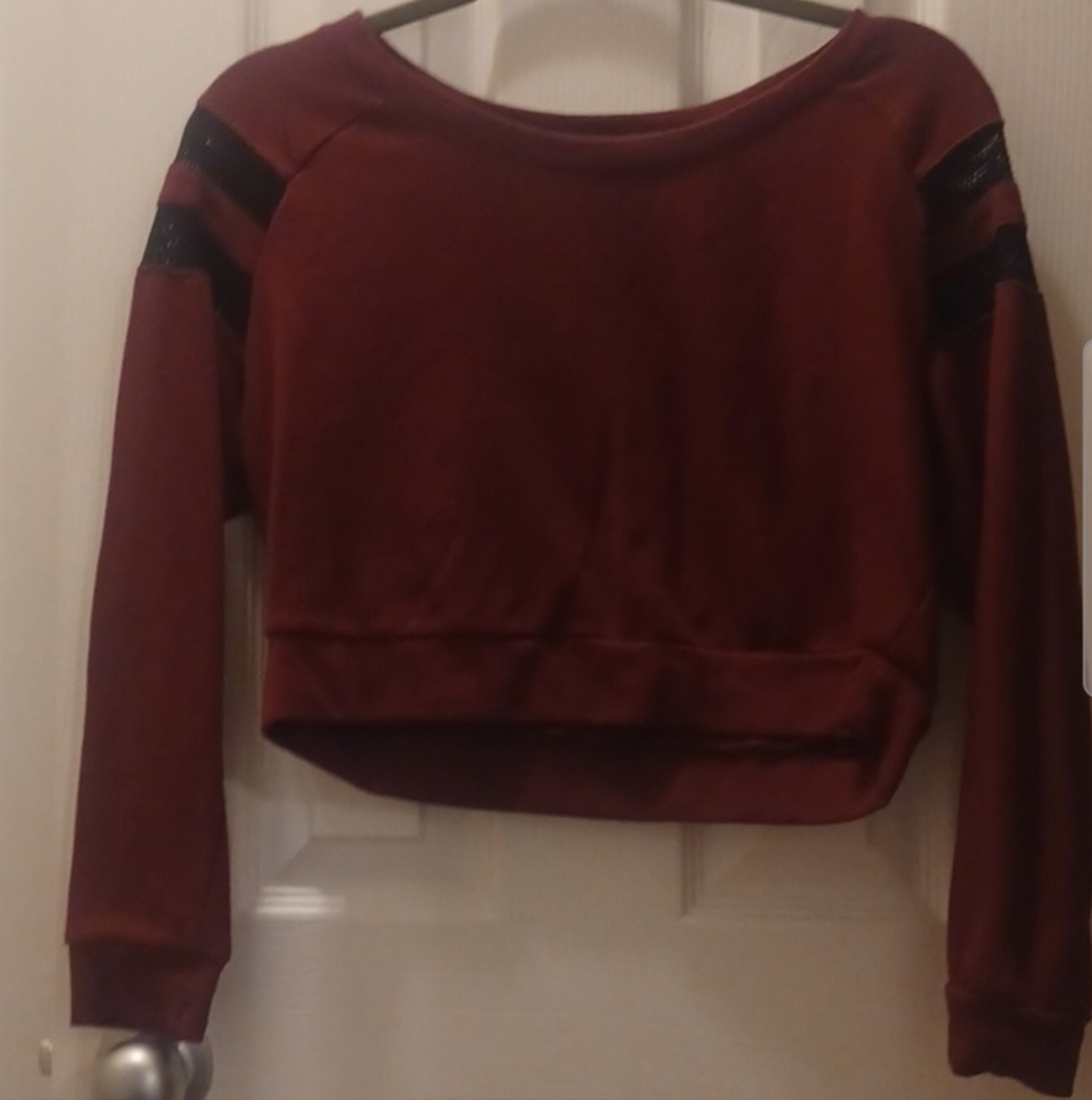 Ambiance Burgundy Long Sleeve Cropped Sweatshirt w/ Black Mesh Accents - Small